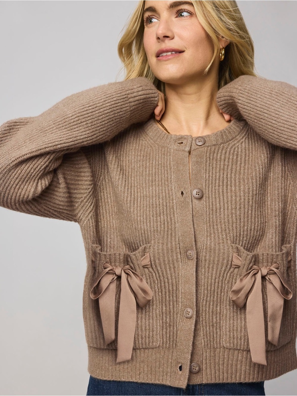 Splendid Stassi Tan/Taupe/Brown Button-Front Bow Cardigan Sweater Satin Ribbon